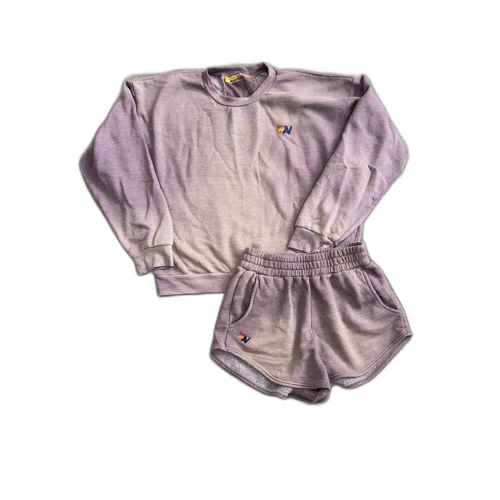 Aviator Nation Faded Mocha Relaxed Crew Neck Sweatshirt Pocket Shorts Set S